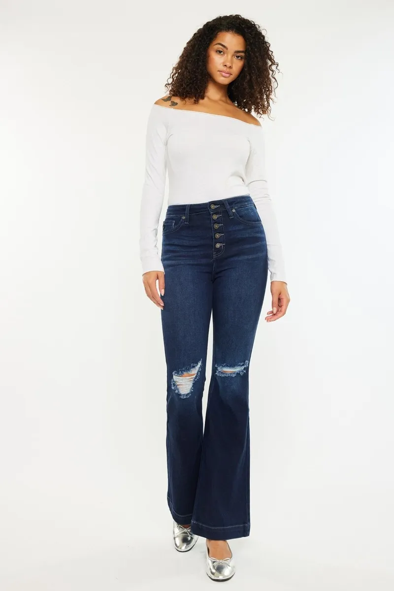 Button Fly High Rise Distressed Flare Jeans