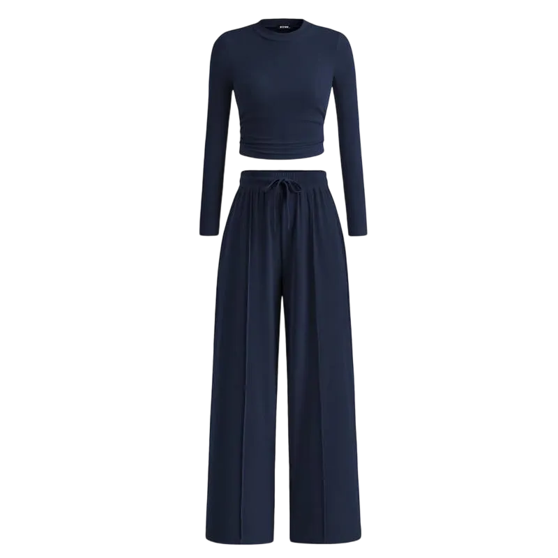 Ribbed Knit Long Sleeve Crop Top Wide Leg Pants