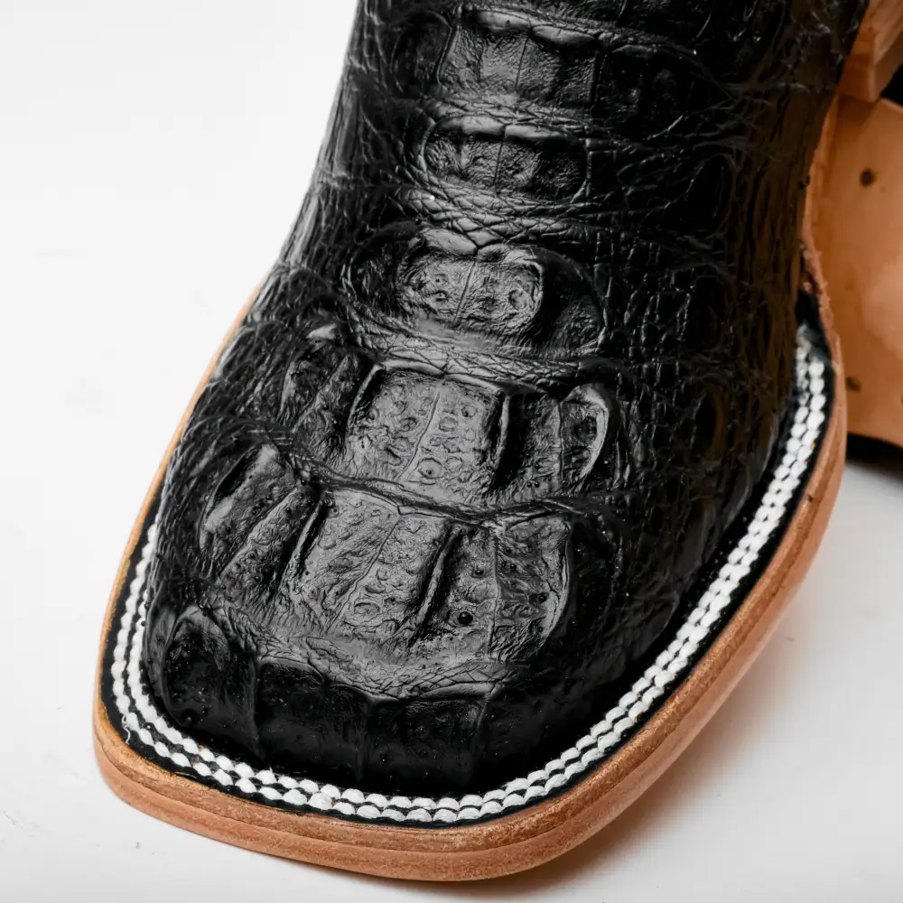 Black Caiman Neck Leather Boots - Square Toe