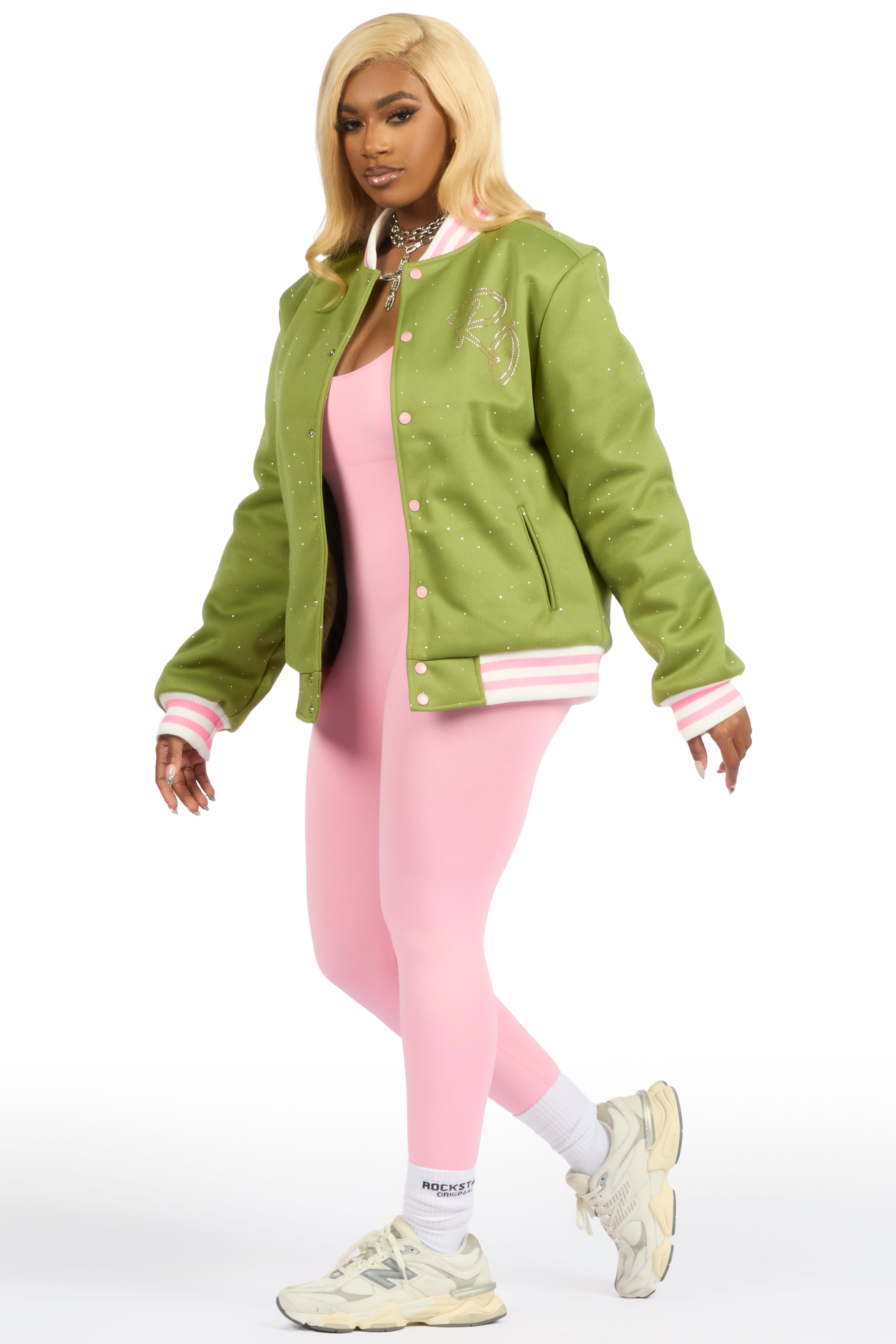 Alonza Green/Pink Rhinestone Varsity Jacket