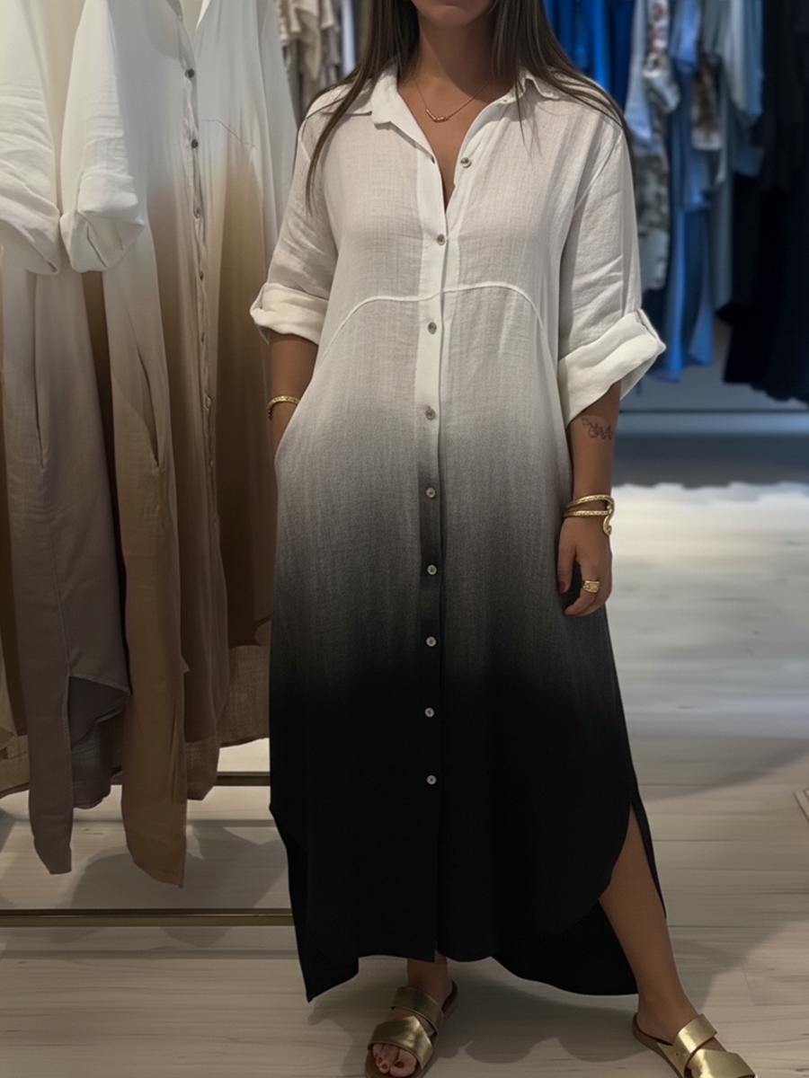 Casual Gradient Color Linen And Cotton Shirt Dress