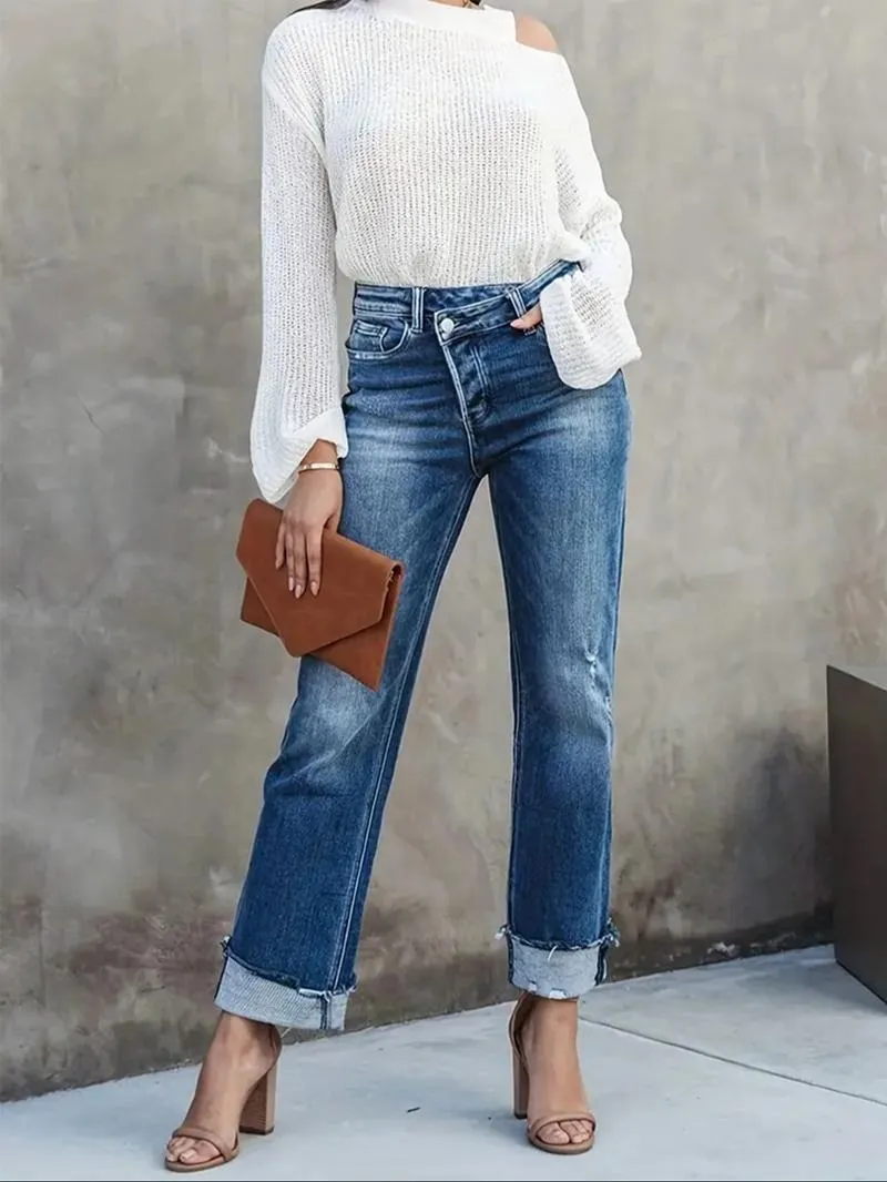 Women's Solid Color Jeans, Casual Comfy Denim Pants for Daily Wear, Ladies Bottoms for All Seasons