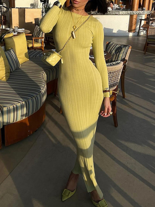 Pleated Solid Color Split-Joint Bodycon Long Sleeves Round-Neck Maxi Dresses Evening Dresses