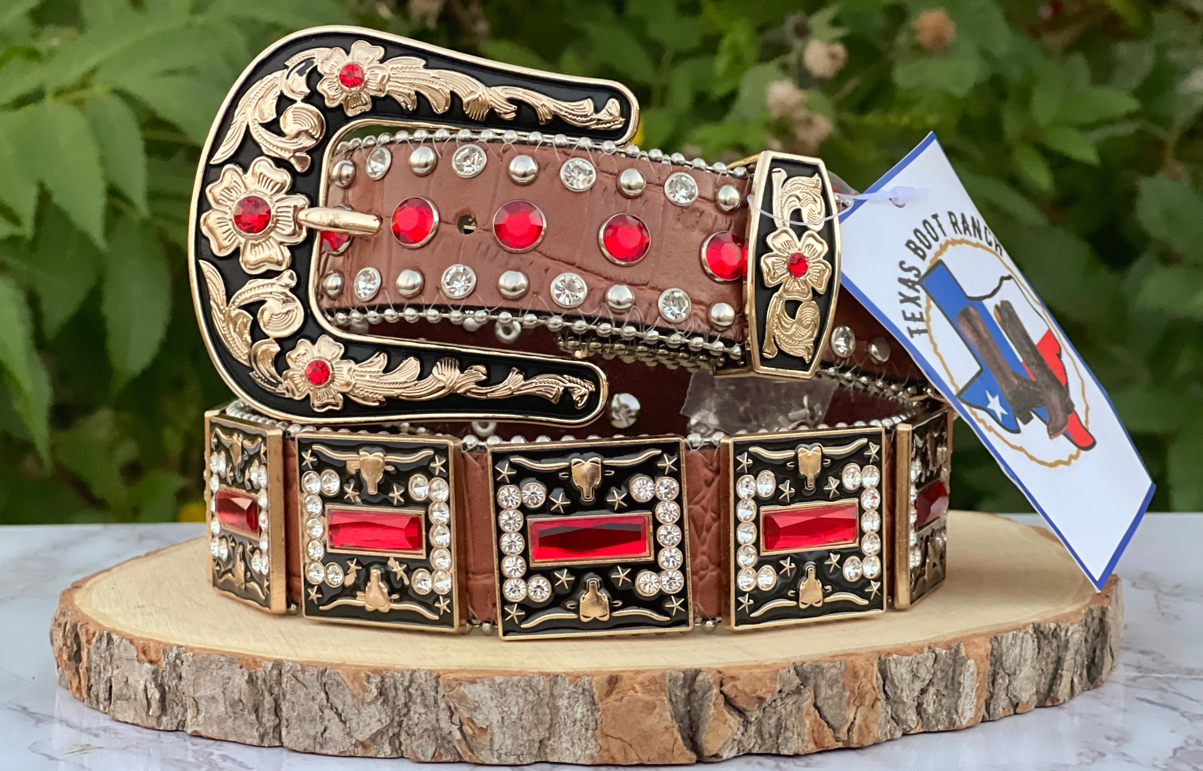 Western Brown Leather Belt With Red/Longhorn Rhinestones
