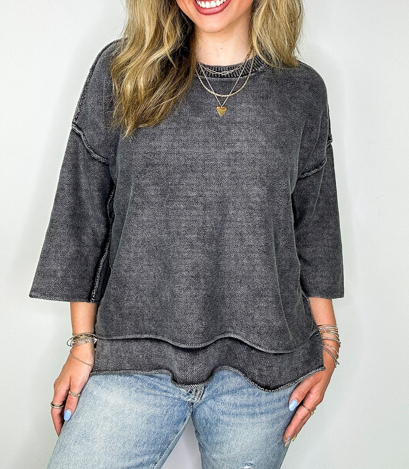 Cozy Fade Washed 3/4 Sleeve Relaxed Sweater