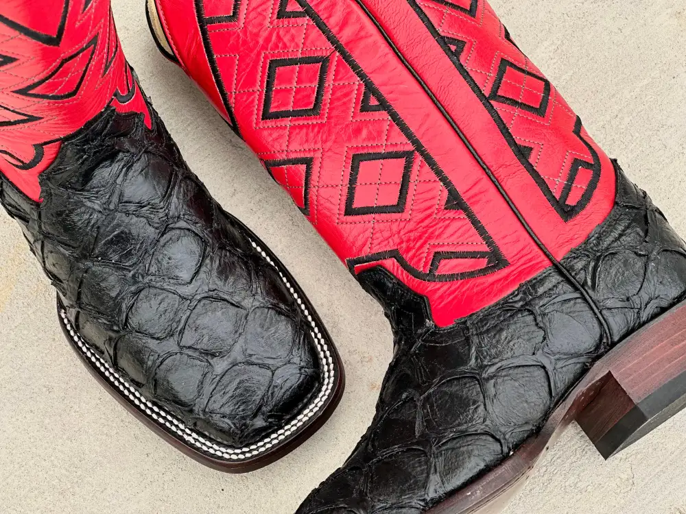 Mens Black Piraruco Leather Boots With Red Shaft