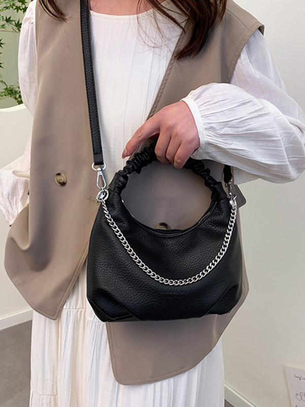 Chains Pleated Solid Color Zipper Handbags Crossbody Bags