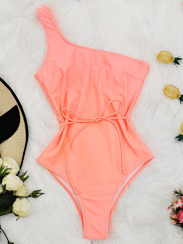 One-Shoulder Belted Chinlon One-Piece Swimwear