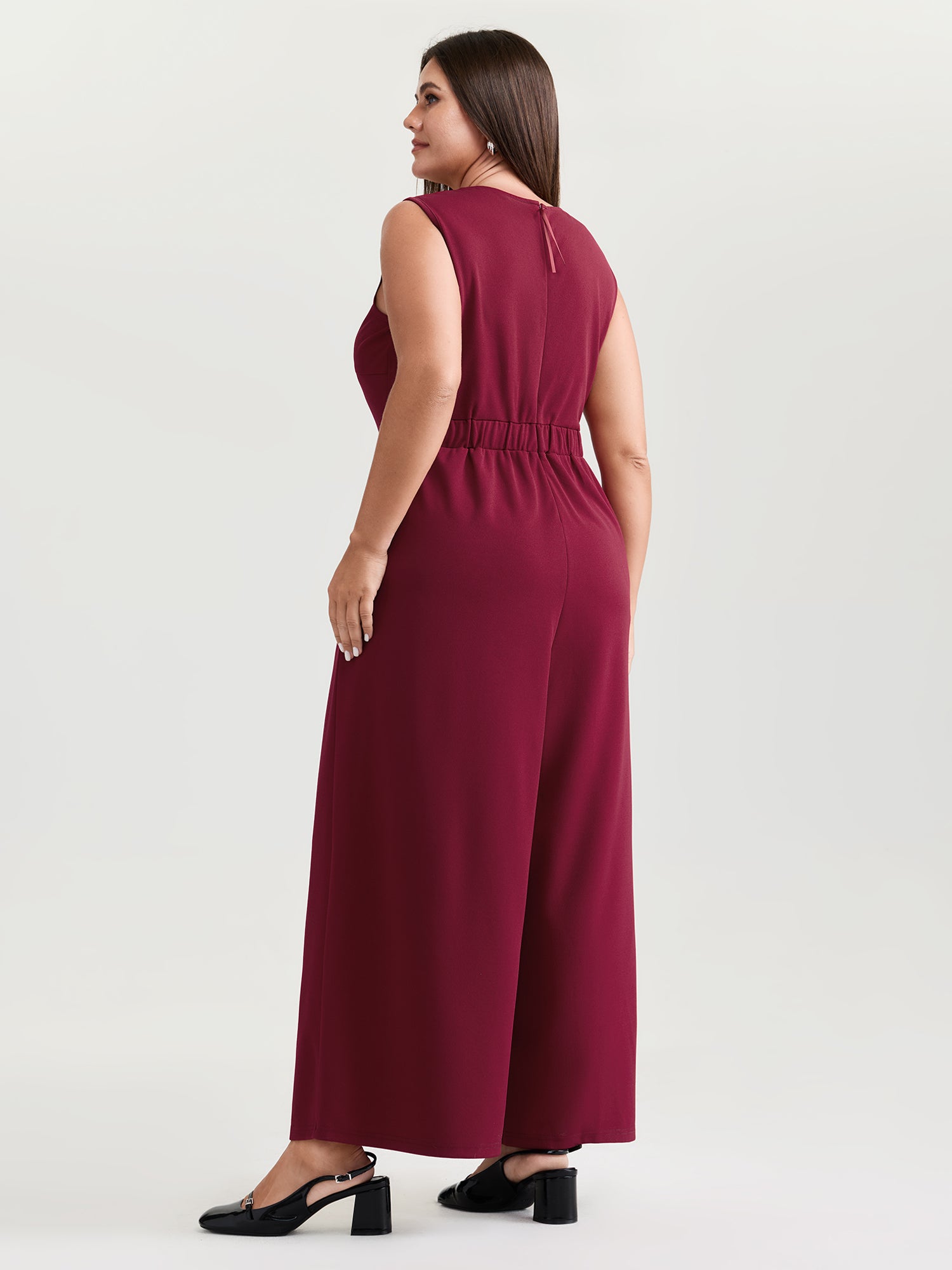 Pleated Neckline Stretchy Waist Jumpsuit