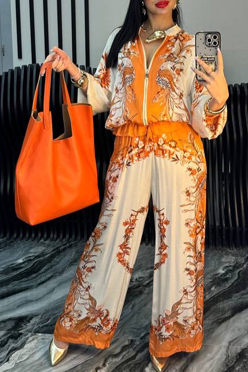 Women's Satin Zipper Printed Casual Suit