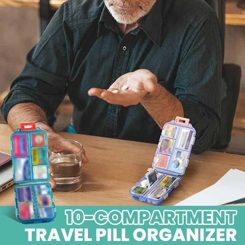 10-Compartment Travel Pill Organizer with 147 Medicine Labels