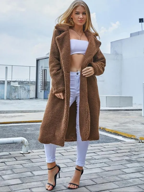Women's Plain Pocket Button Front Faux Fur Coat