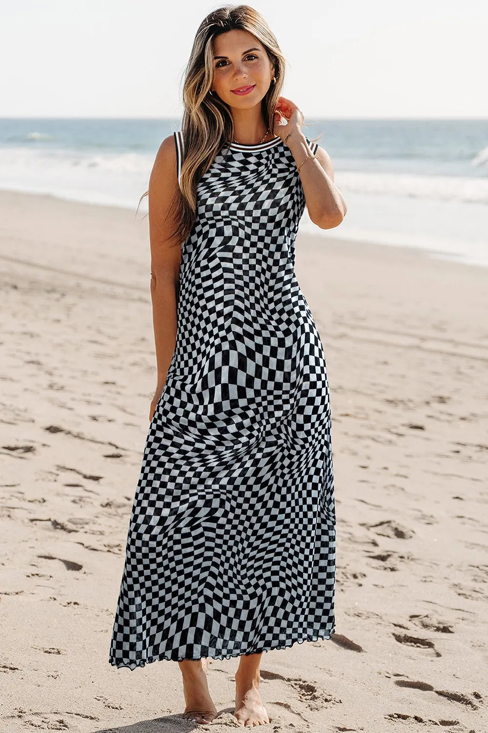 Checkered Round Neck Sleeveless Midi Dress