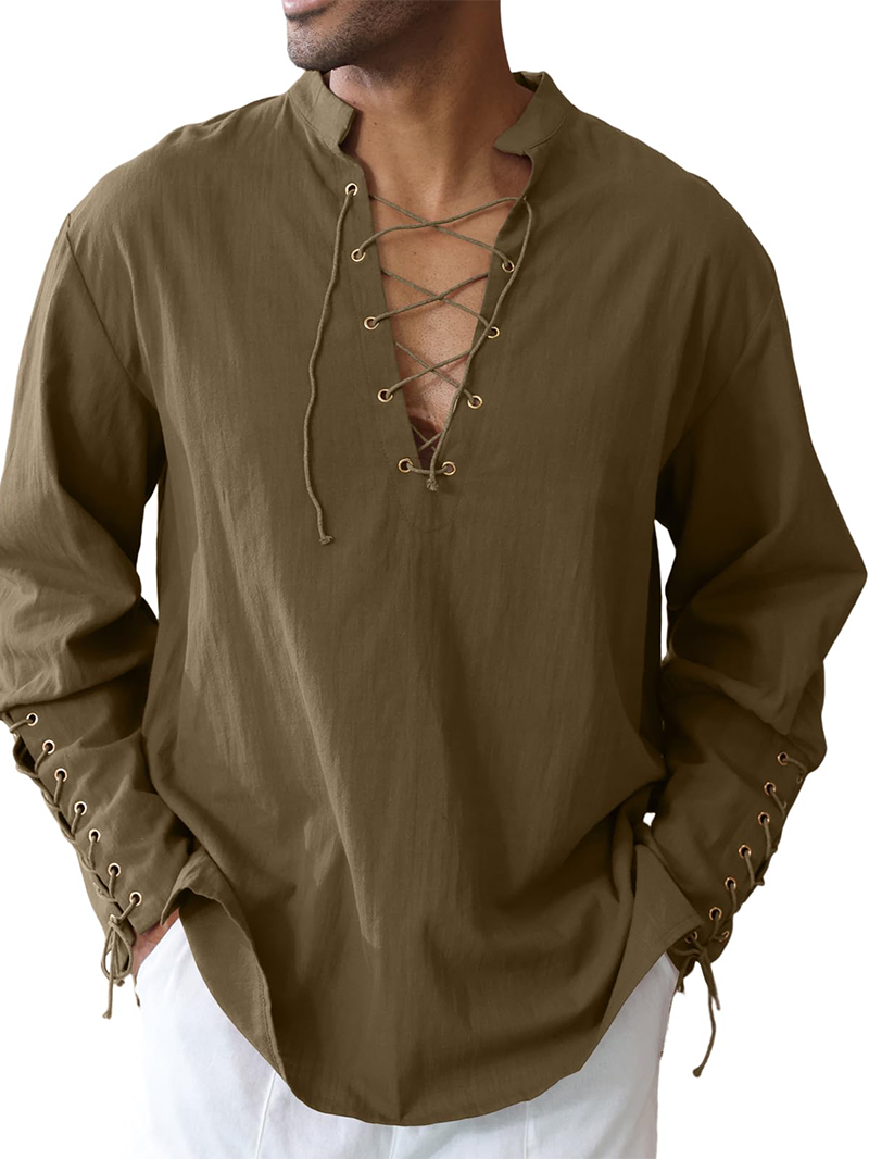 Men's cotton and linen shirt with drawstring sleeves