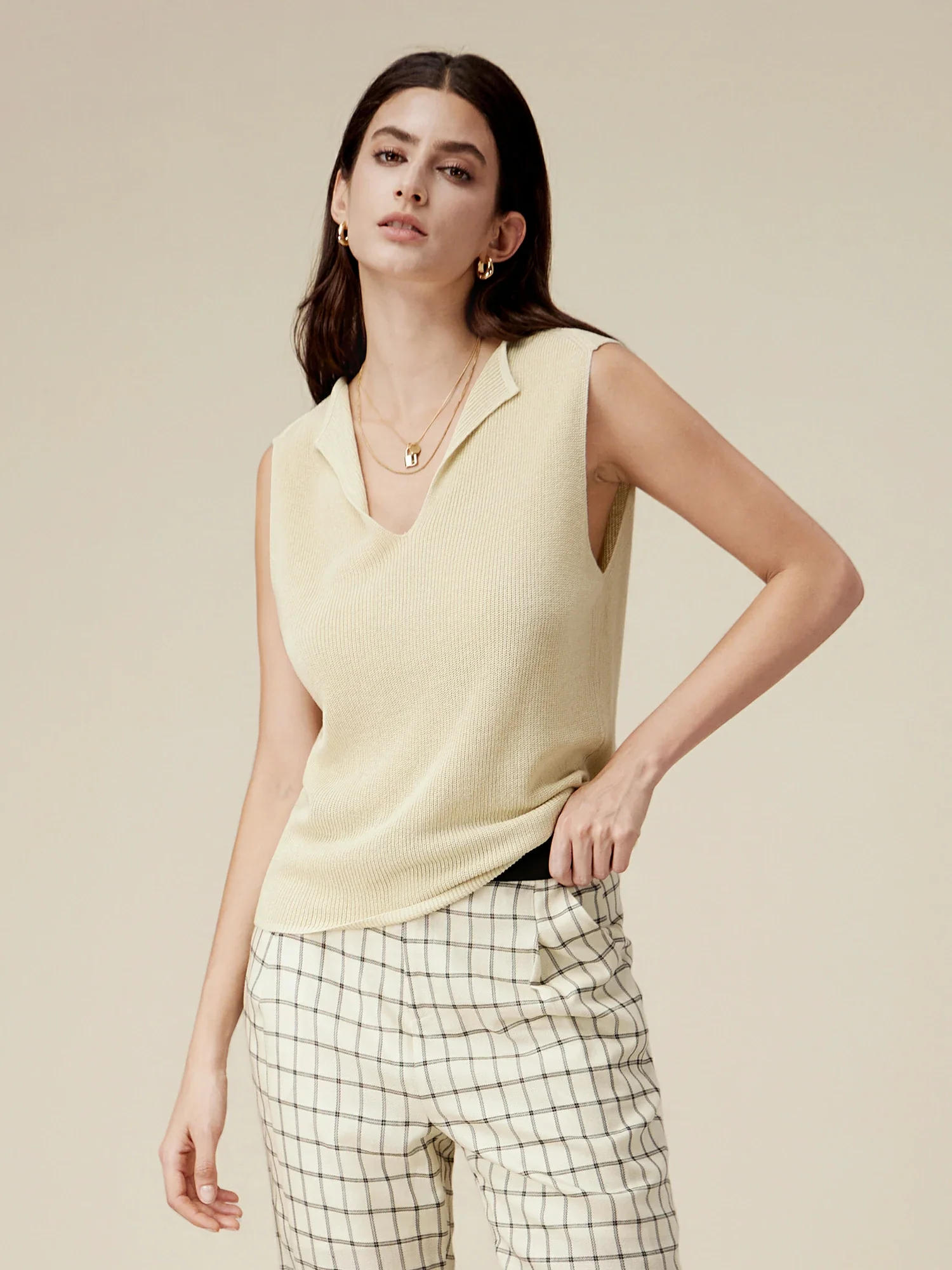 Linen & Lyocell Sleeveless Lapel Casual Tank