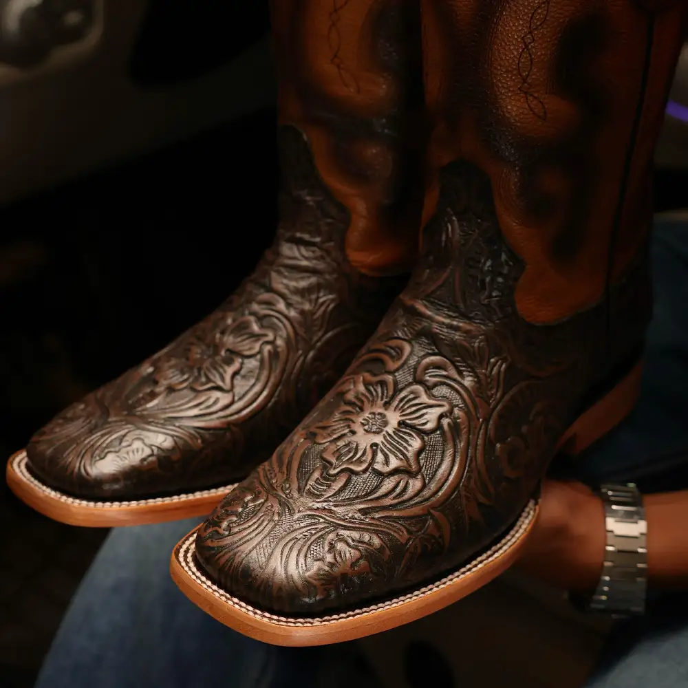 Chocolate Brown Hand-Tooled Leather Boots — Square Toe