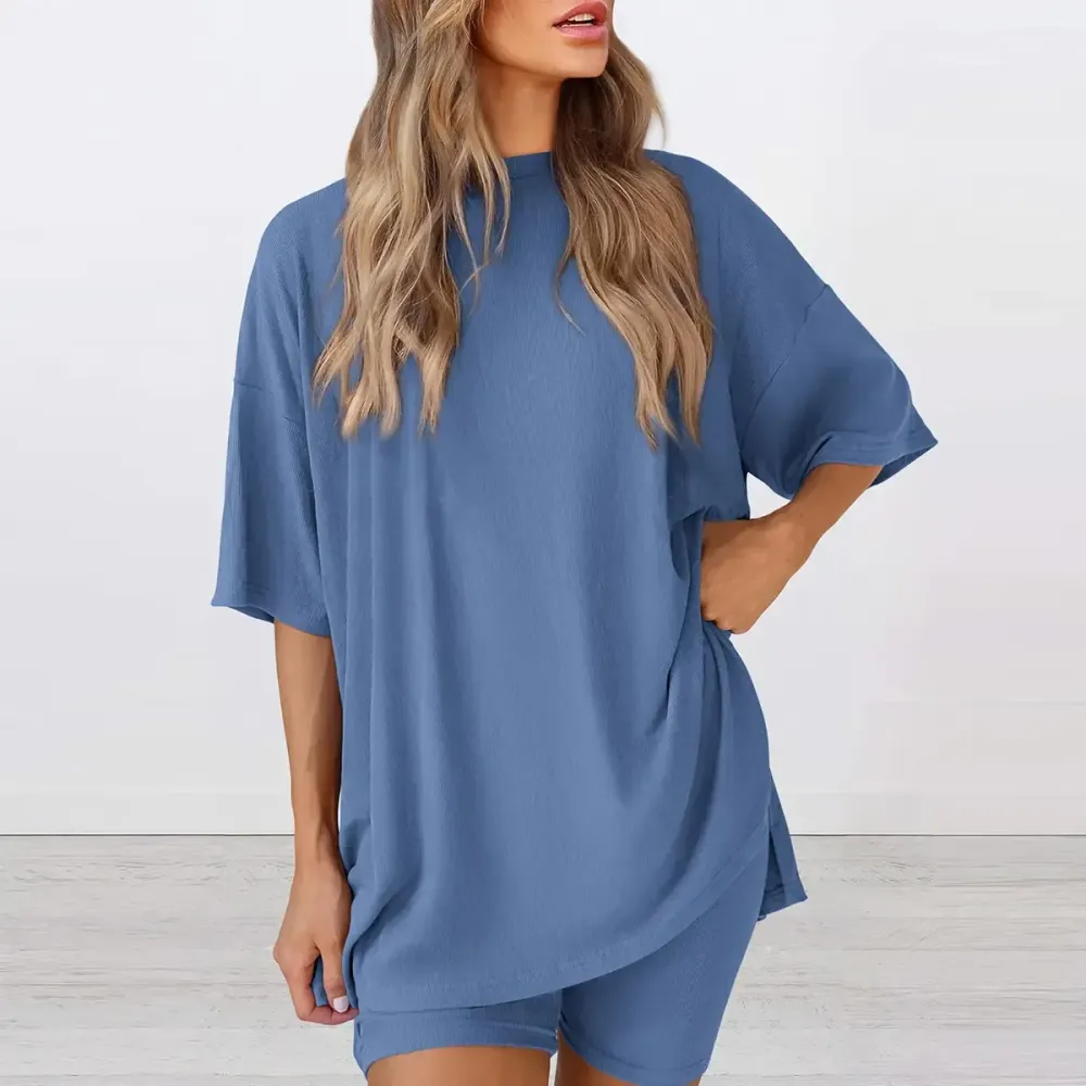 Crewneck Two-Piece Set For Women Summer Casual Oversized Split Hem Shirts