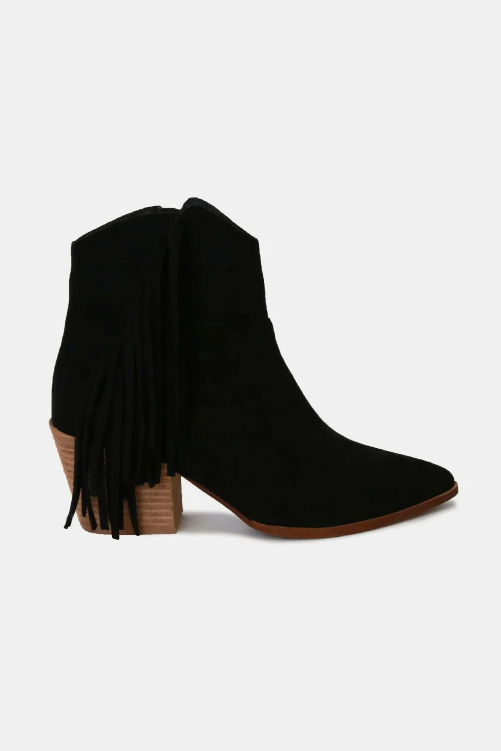 Suede Fringe Point Toe Ankle Boots in Black