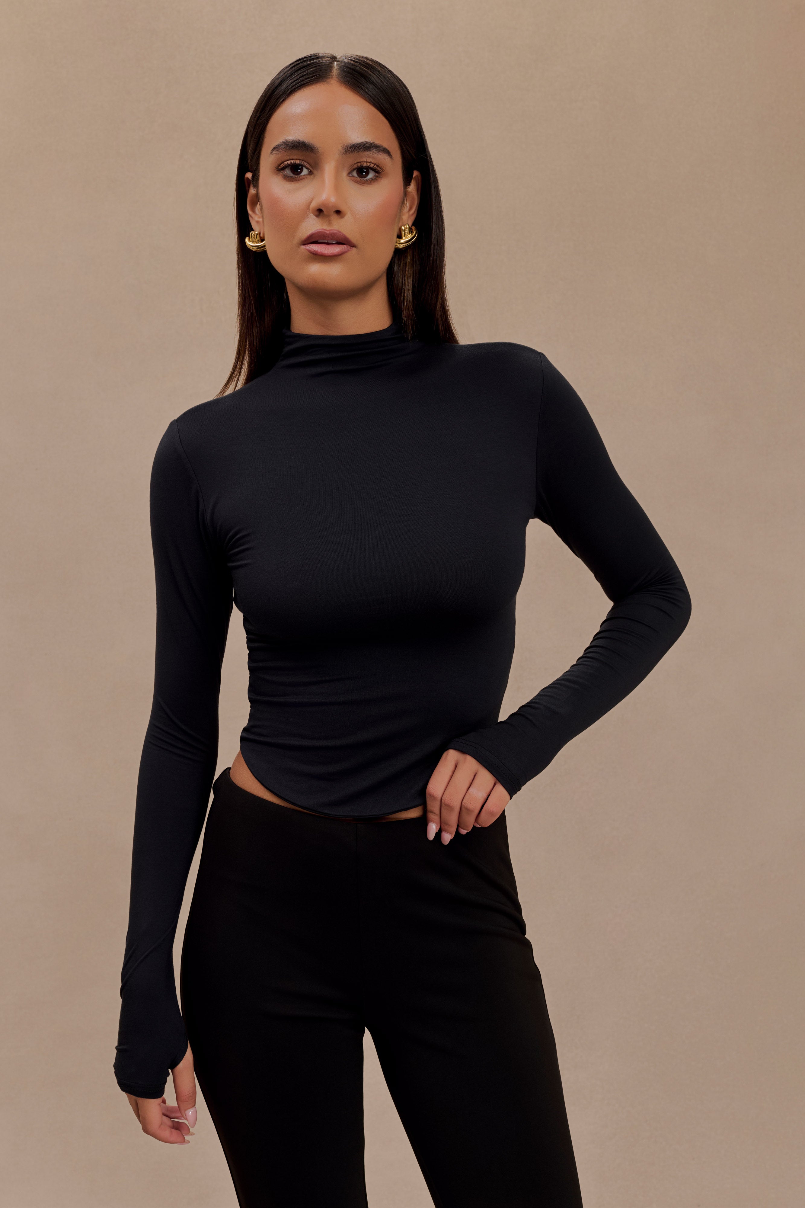 Black Modal Long Sleeve High Neck Top