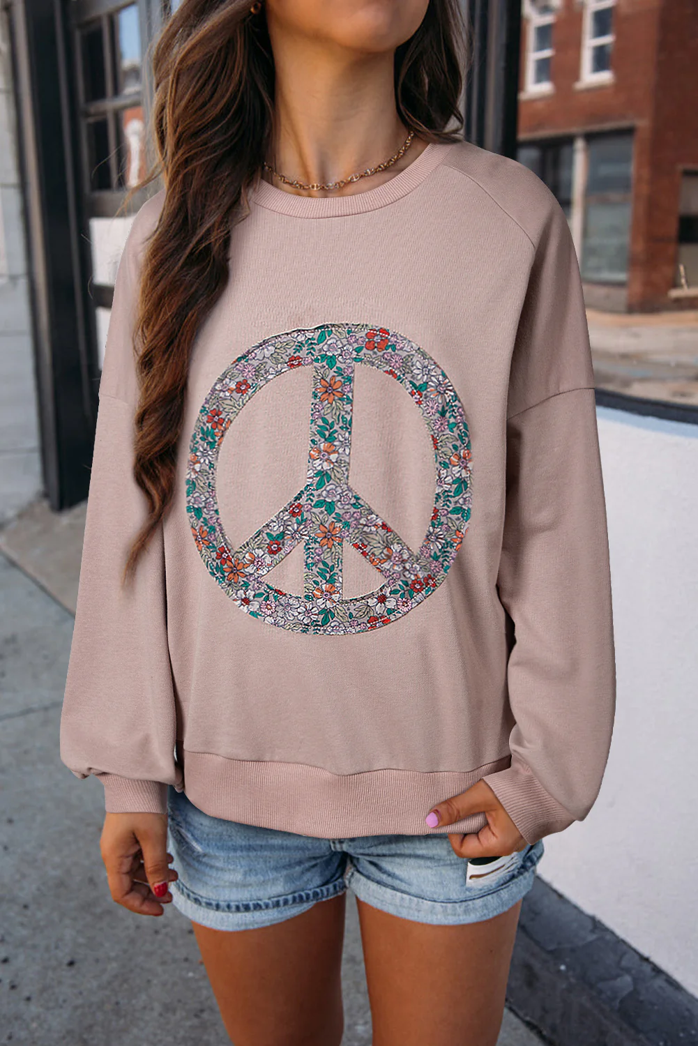 Jet Stream Floral Peace Sign Graphic Drop Shoulder Wide Sleeve Casual Top