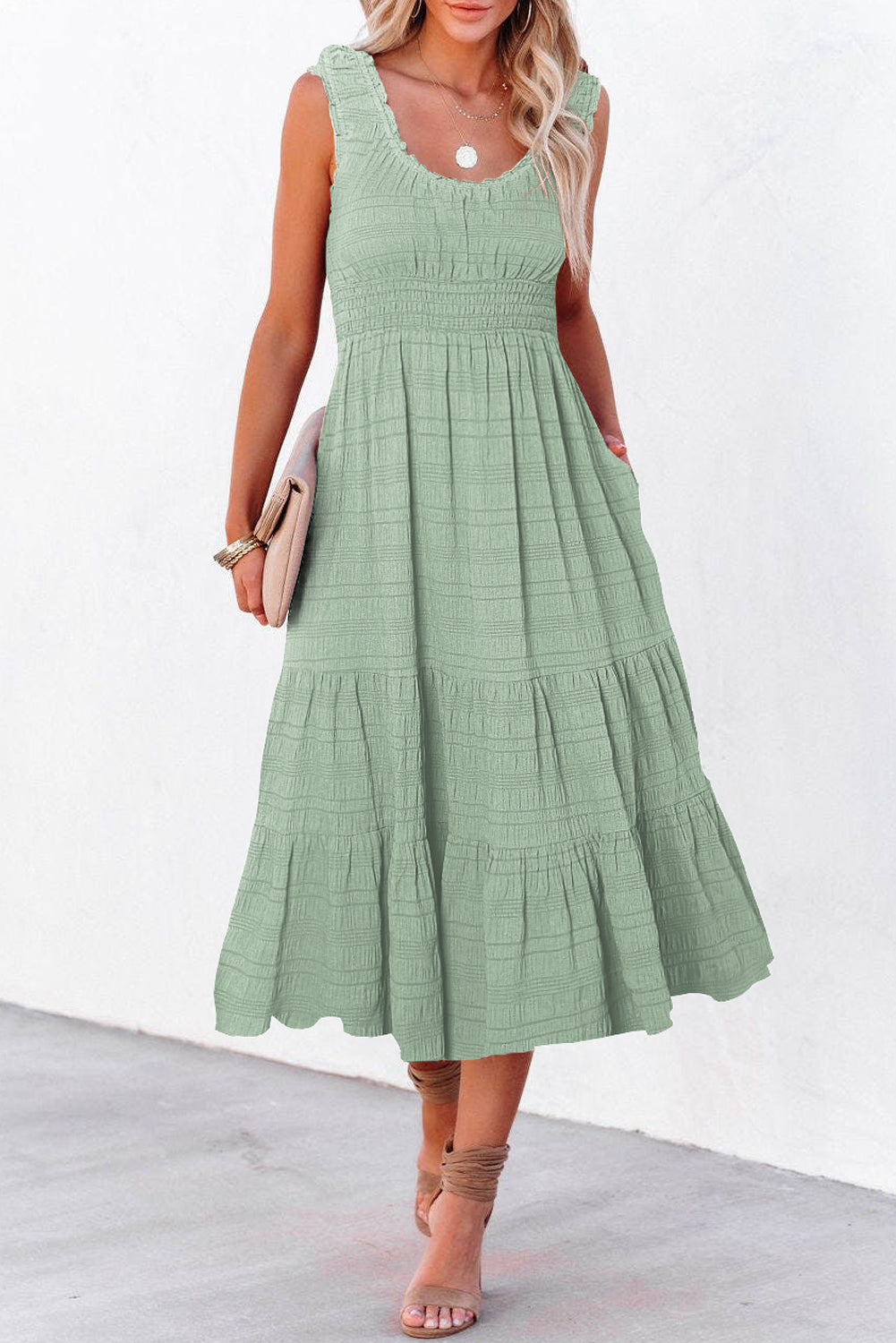 Sky Blue Shirred Pleated Square Neck Sleeveless Midi Dress