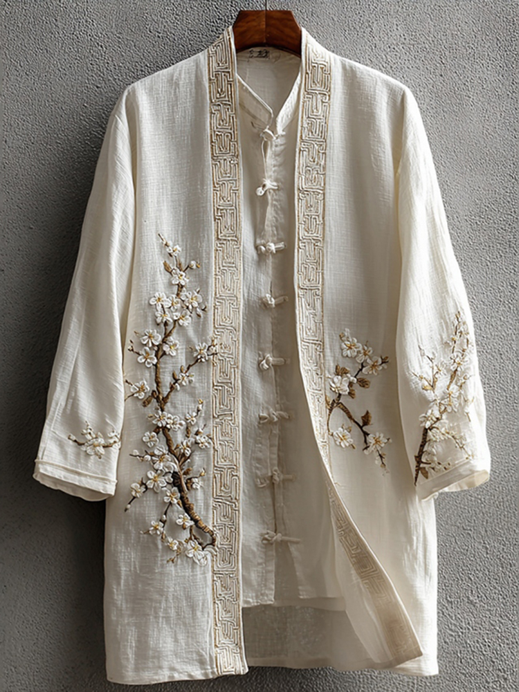 Men's Vintage Japanese Cherry Blossom Art  Linen Blend Kimono