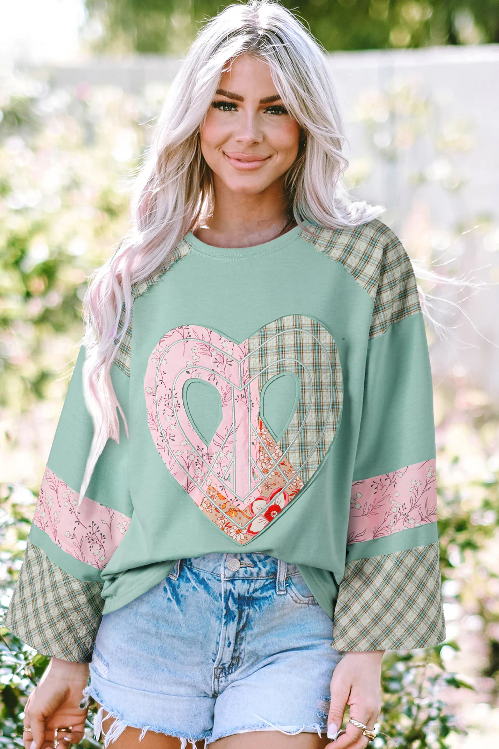 Jet Stream Floral Peace Sign Graphic Drop Shoulder Wide Sleeve Casual Top