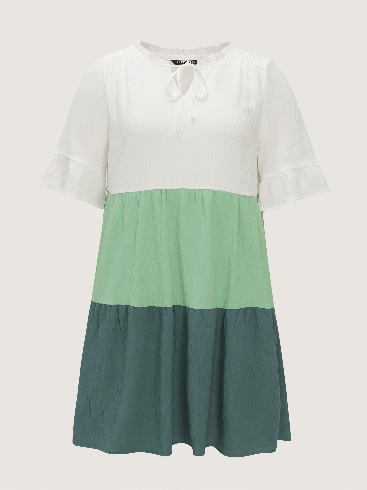 Colorblock Drawstring Neckline Tiered Mini Dress