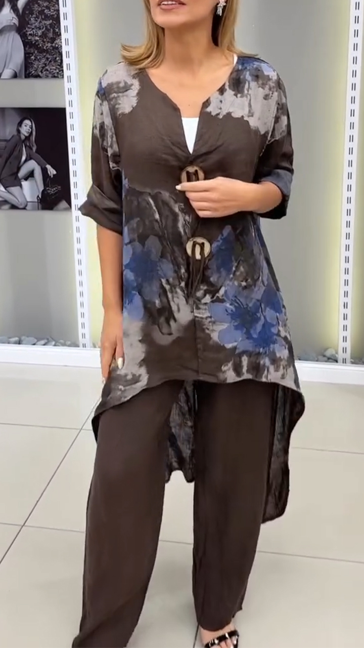 Women Round Neck Printed Irregular Top and Pants Casual Suit