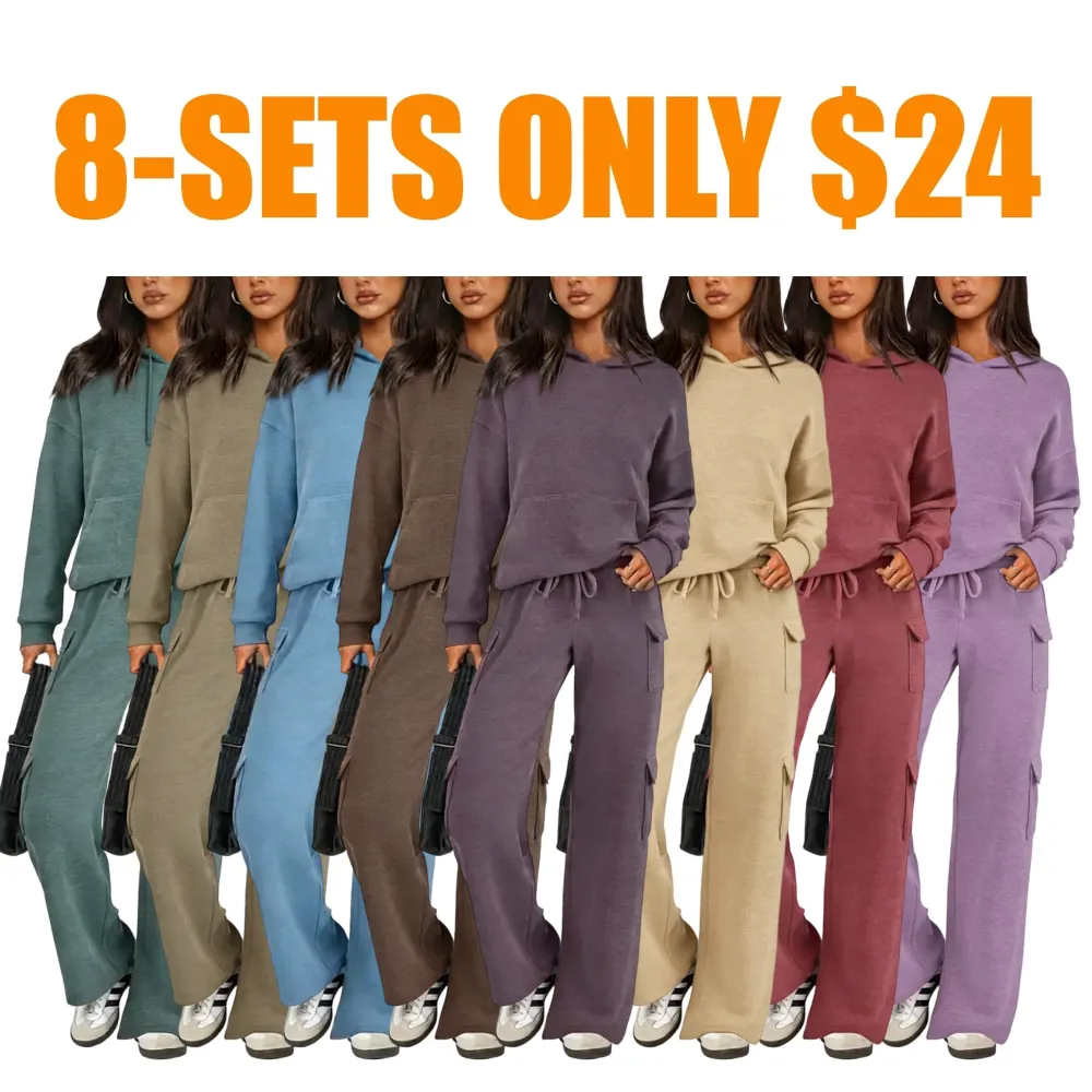 Women’s Casual Knit Tracksuit – Hoodie & Wide Leg Pants with Pockets