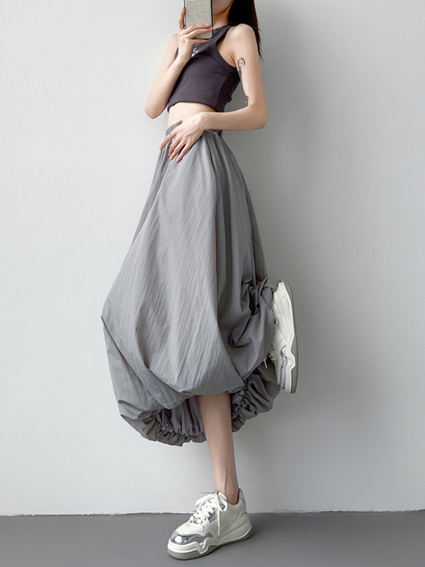 Elasticity Pleated Pockets Solid Color A-Line Loose Skirts Bottoms