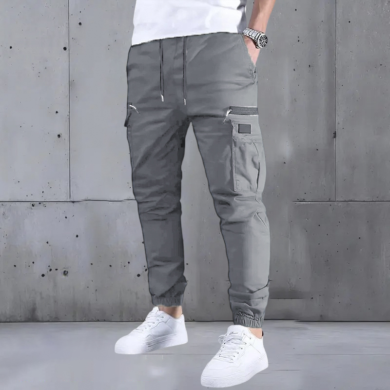 Men’s long cargo pants with a drawstring waist and multiple pockets