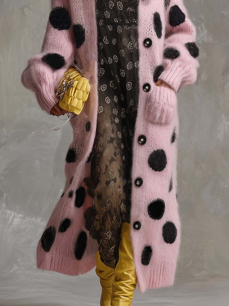 Vintage Fashion Lazy Front Button Black Polka Dot Pink Imitation Rabbit Fur Knitted Long-sleeved Cardigan