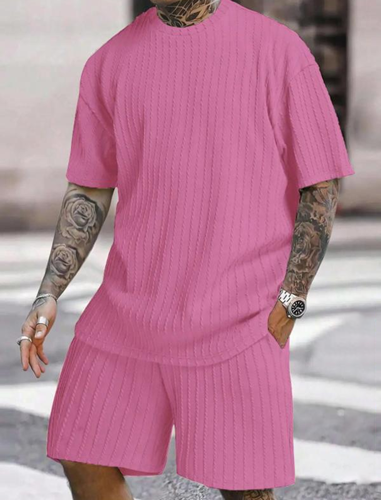 Men's Summer 2-Piece Outfit- Loose Casual Crewneck T-Shirt & Pocket Shorts for Daily Outdoor Wear