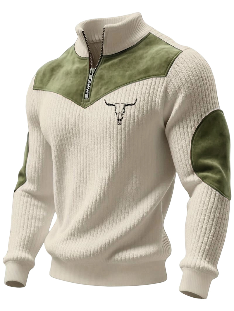 Men's Stand Collar Pullover Sweater, Autumn Winter Warm Half Zip Cow Head Print