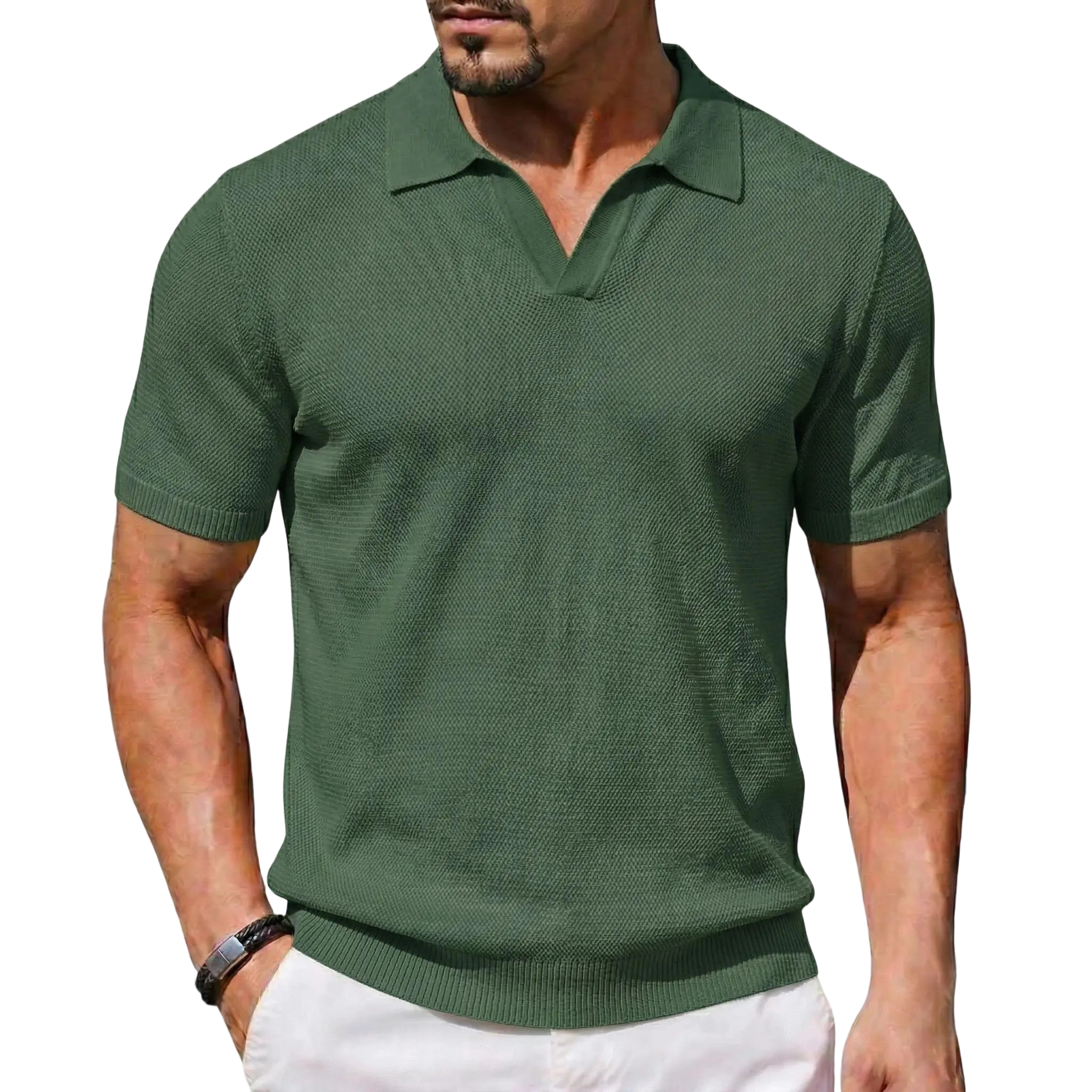 2026 Men's V Neck Short Sleeve Stretch Knit Polo Shirt