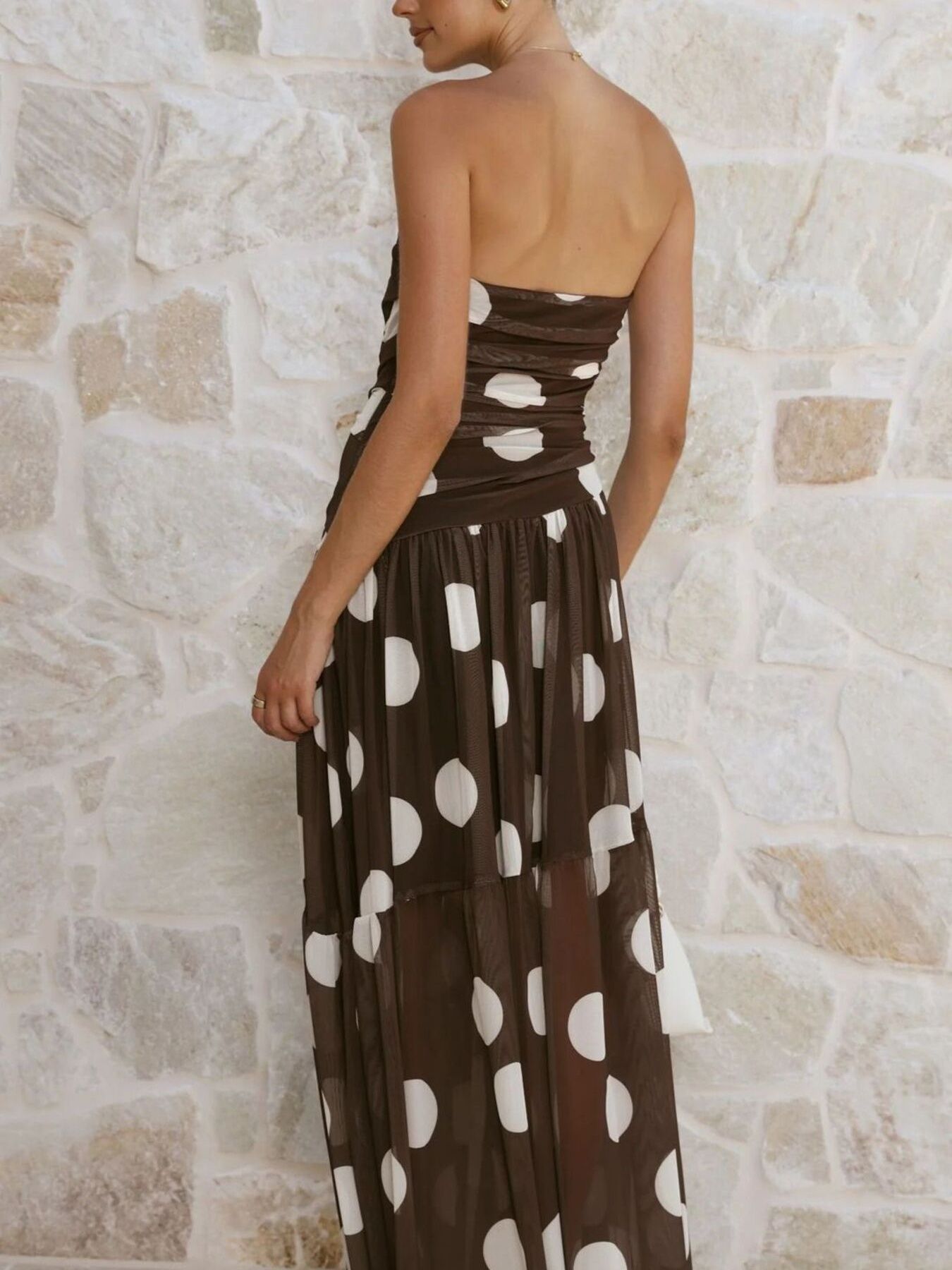 Polka Dot Strapless Ruched Maxi Dress