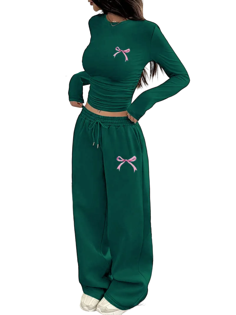 Two-Piece Set Women's Bowknot Print Regular Fit Round Neck T-shirt And Pants