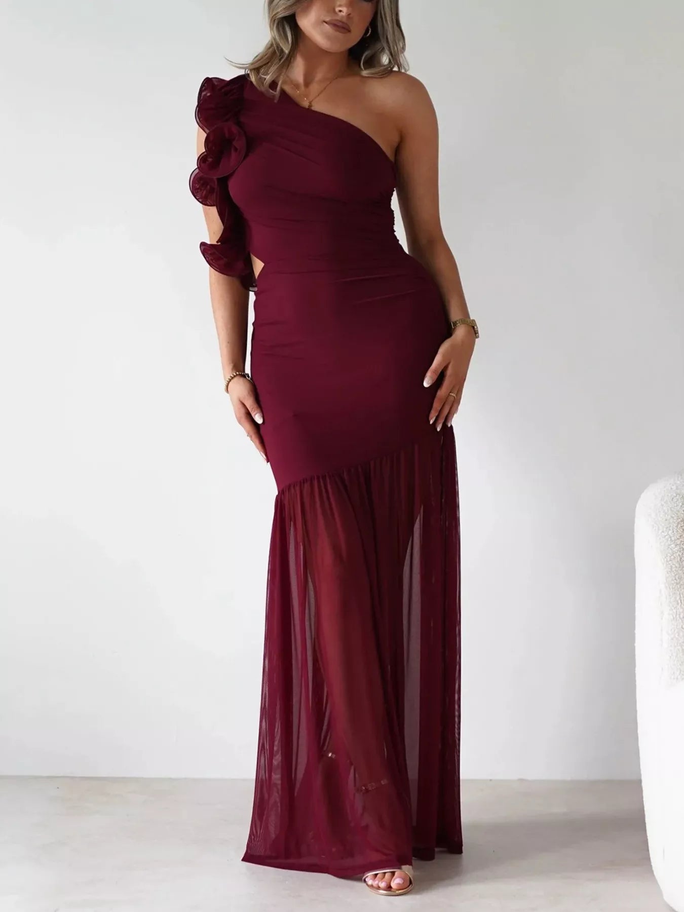 One-Shoulder Ruffle Trim Maxi Dress