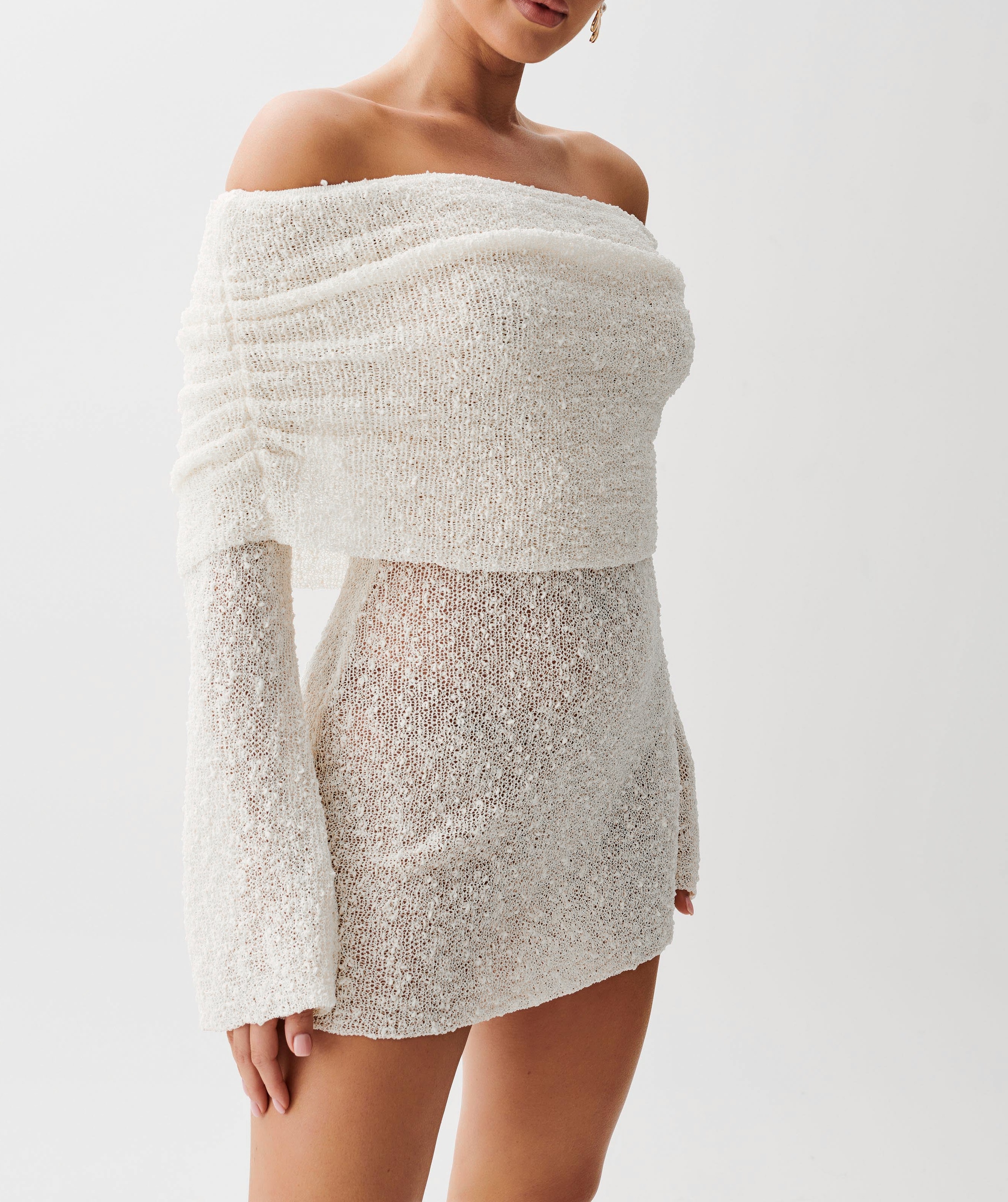 Ivory Off Shoulder Boucle Mini Dress