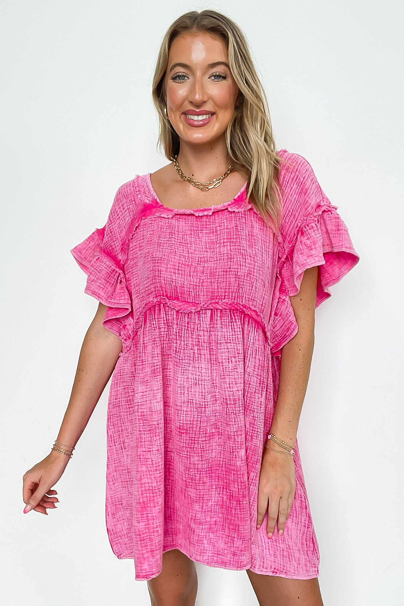 Mineral Washed Square-Neck Ruffle Sleeve Dress
