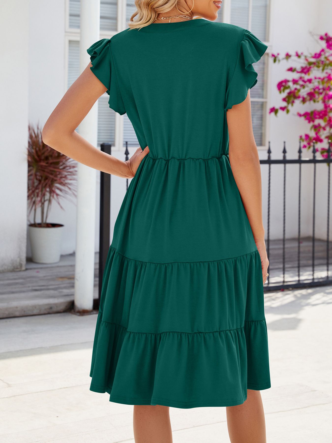 Ruffled Notched Tiered Midi Dress