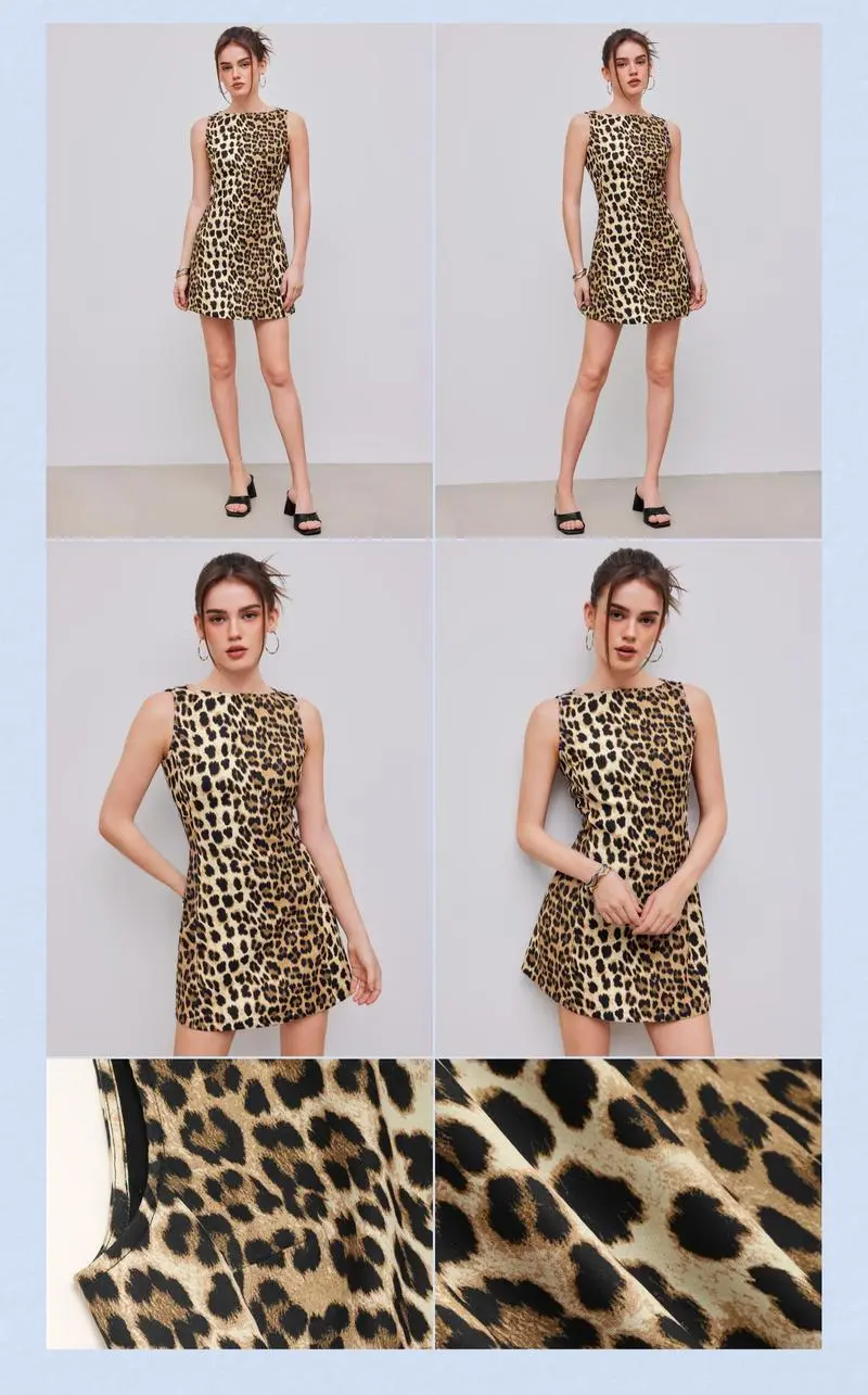 Boat Neck Leopard Print Zipper Mini Dress