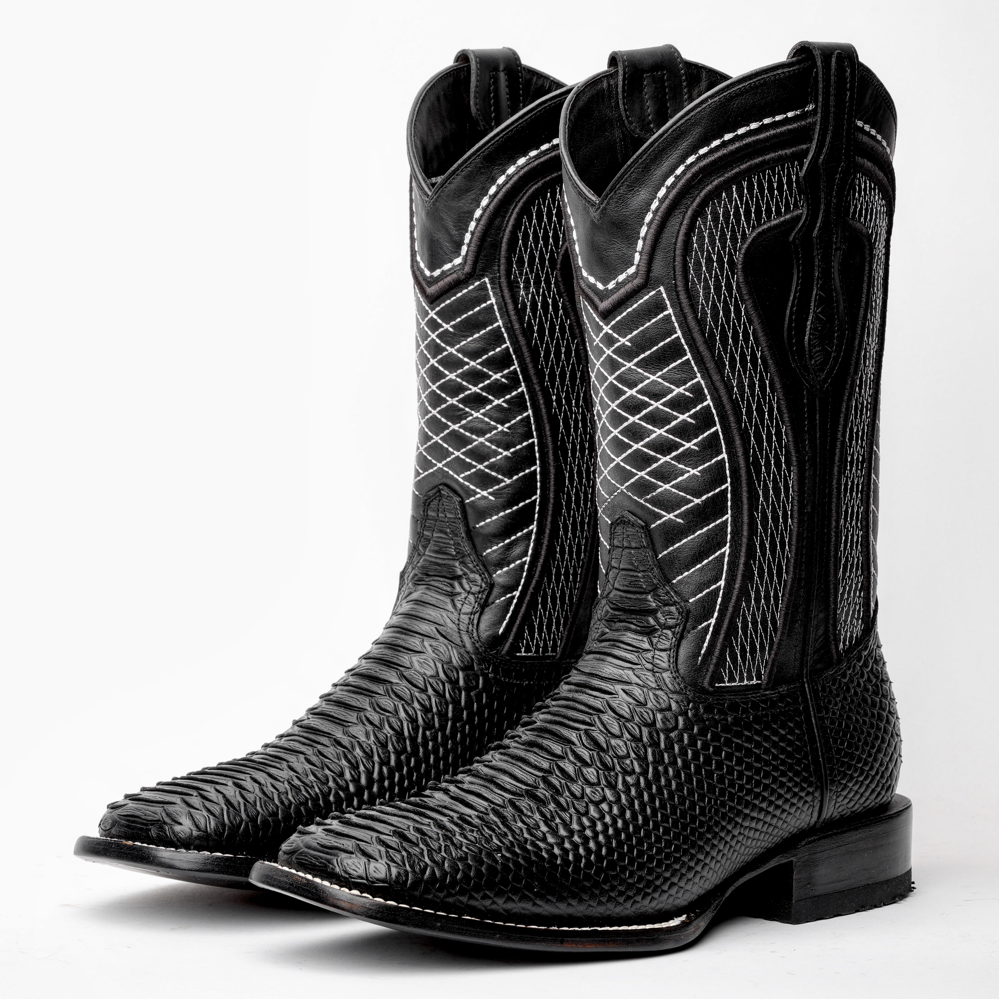 Black Python Leather Boots - Square Toe