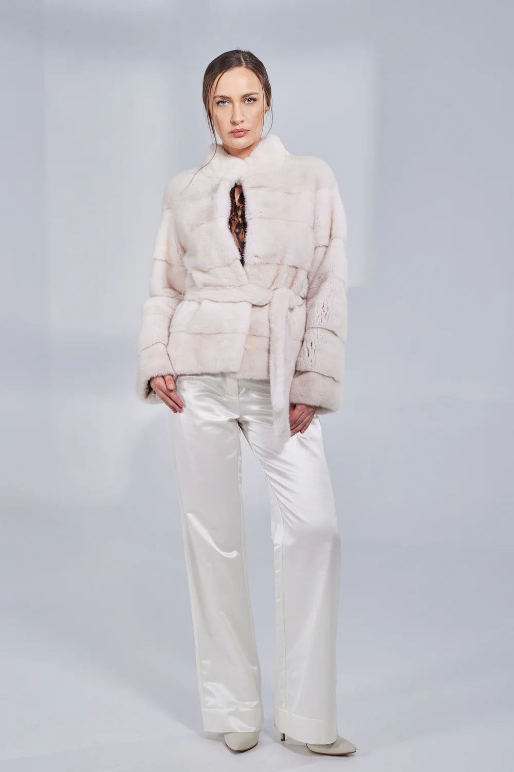 Haină din Blană Naturală de Vizon, cu Cordon, Femei, Pearl 193