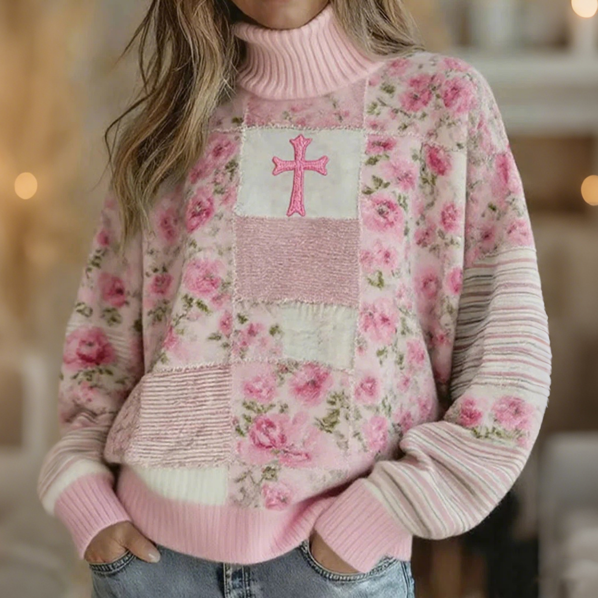Women's Vintage Floral Cross Art Cozy Knit Turtleneck Sweater