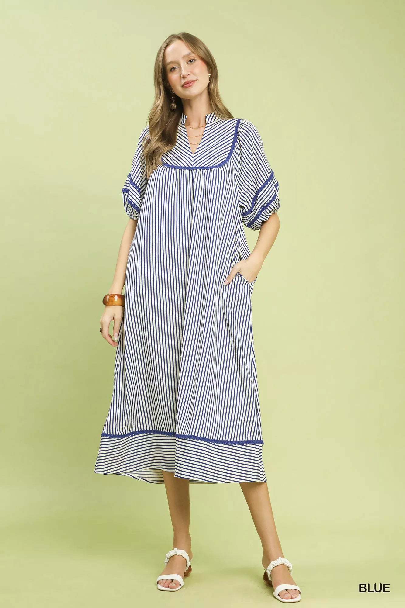 Umgee Striped Puff Sleeve Midi Dress