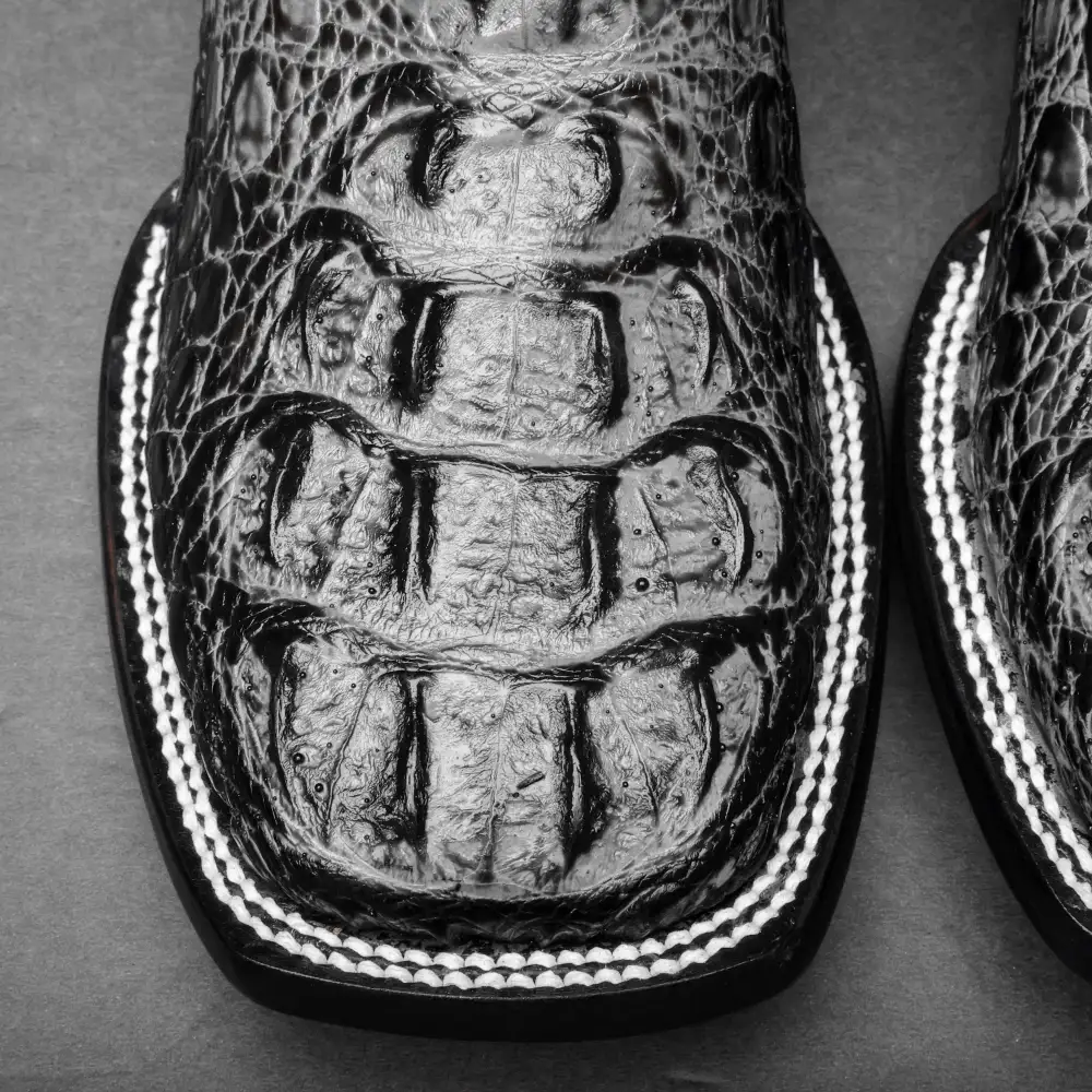 Grey Caiman Neck Leather Boots - Square Toe