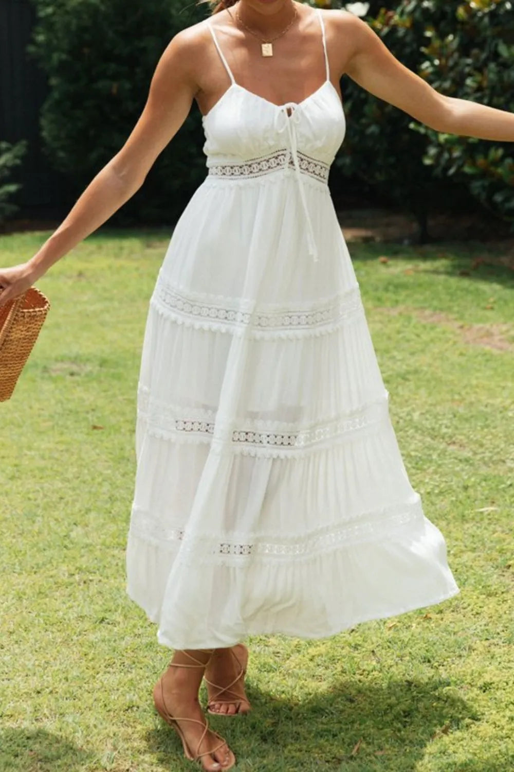 Lace Detail Smocked Midi Cami Dress