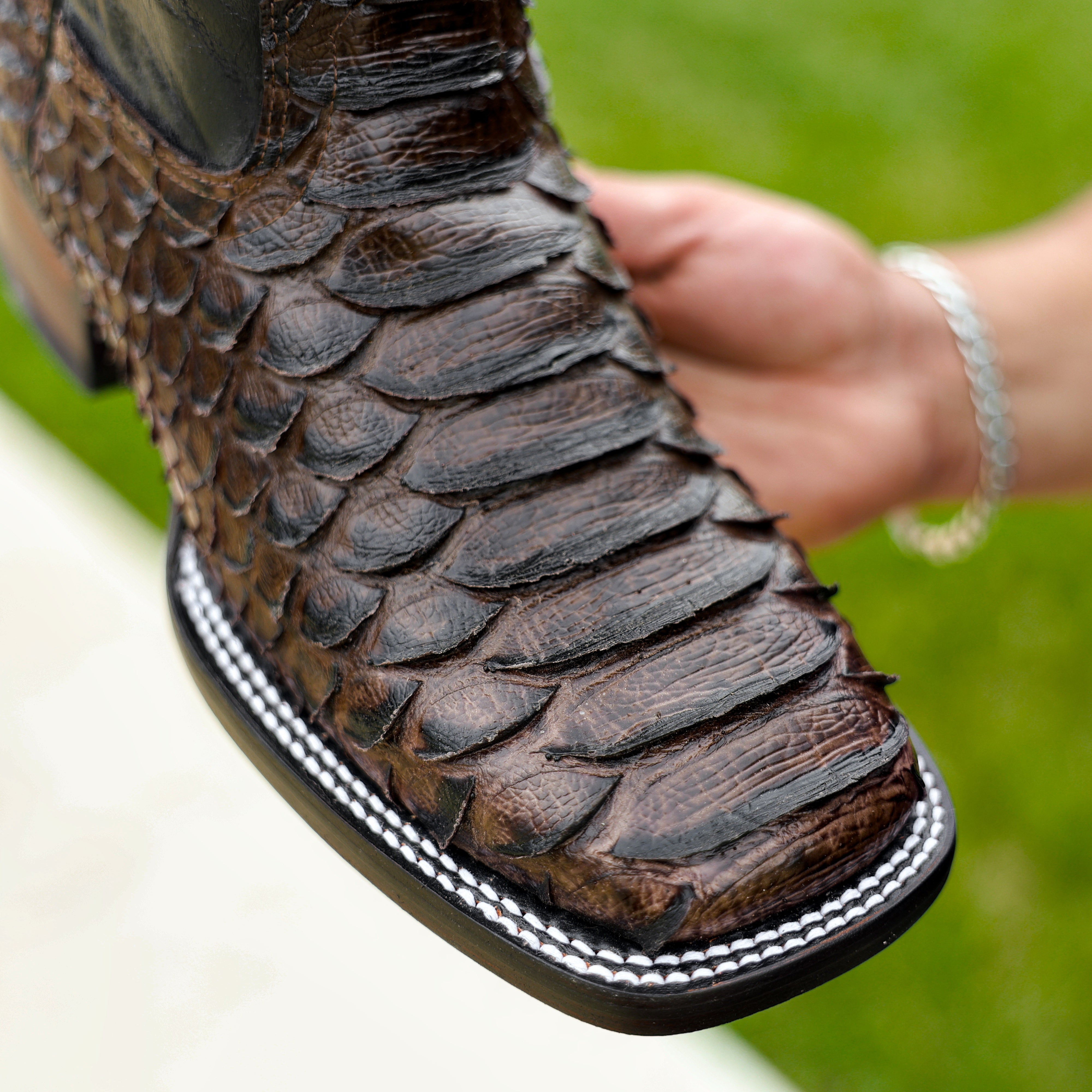 Brown Jumbo Python Leather Boots - Square Toe